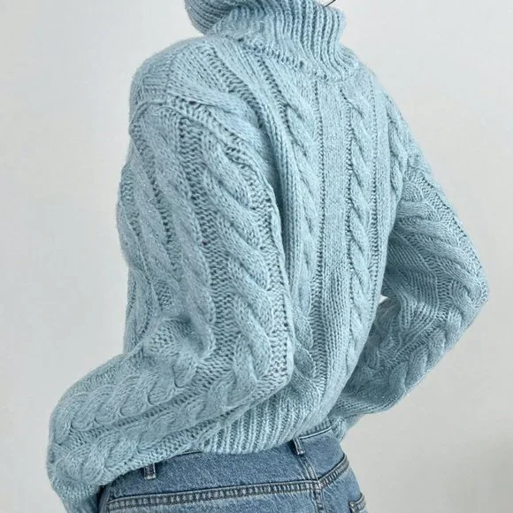 Casual Turtleneck Cable Knit Turtleneck Crop Sweater Blue - Picture 7 of 7